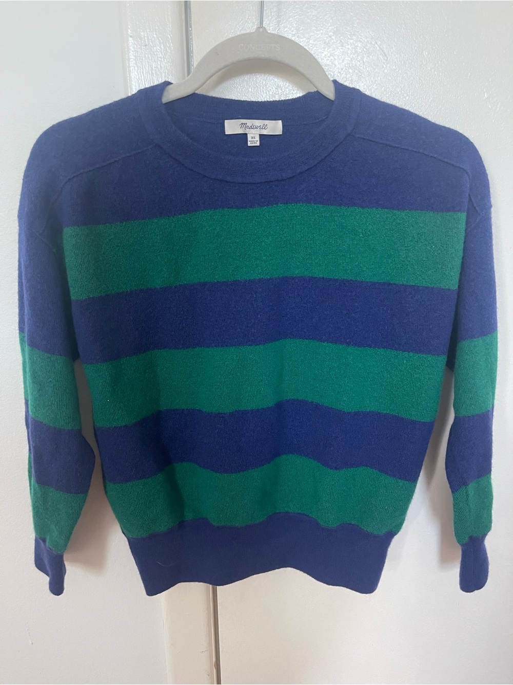 Madewell women’s wool Navy Blue and Kelly Green Striped Crewneck Sweater
